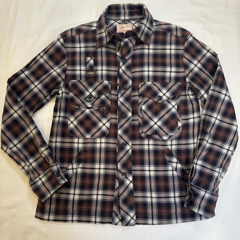 Soundman Japan Plaid Workwear Shirt Jacket - Brown/Navy Check - Size 36